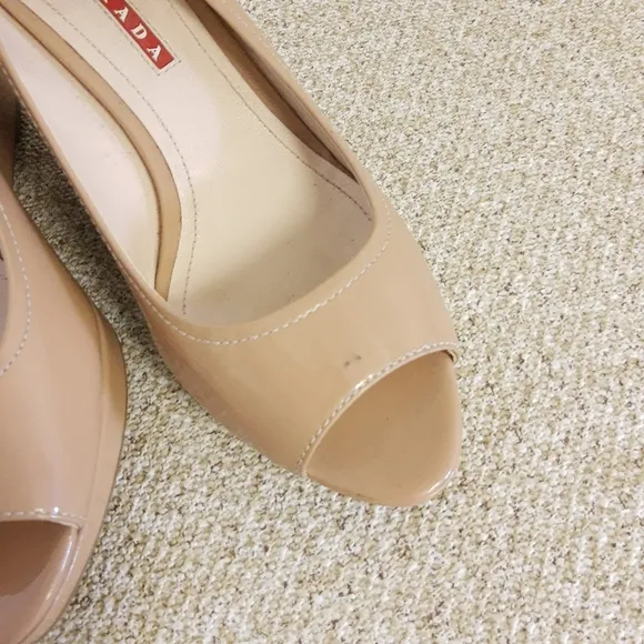 Prada Beige Patent Leather Espadrille Wedge Shoes