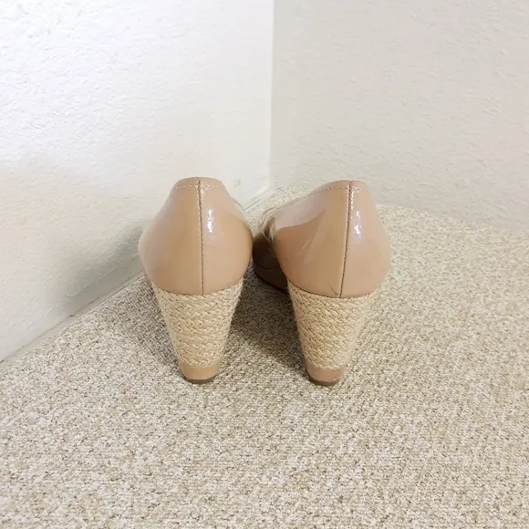 Prada Beige Patent Leather Espadrille Wedge Shoes