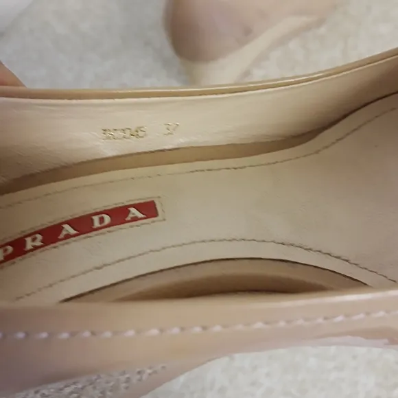 Prada Beige Patent Leather Espadrille Wedge Shoes