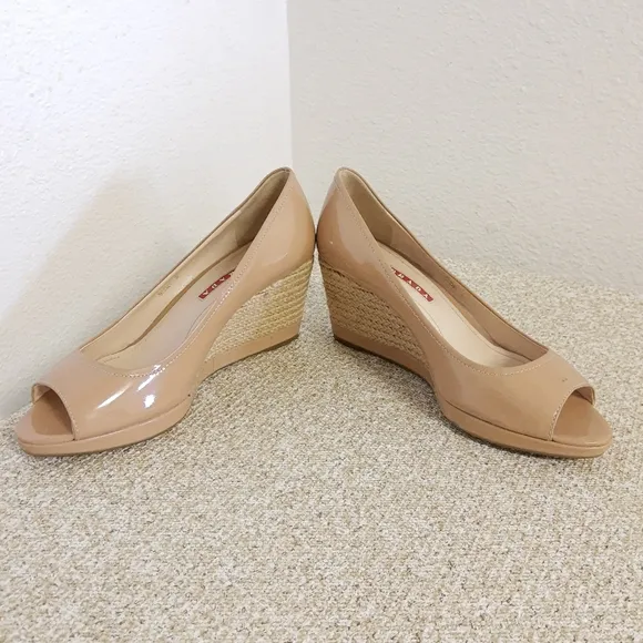 Prada Beige Patent Leather Espadrille Wedge Shoes