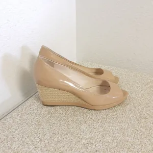 Prada Beige Patent Leather Espadrille Wedge Shoes