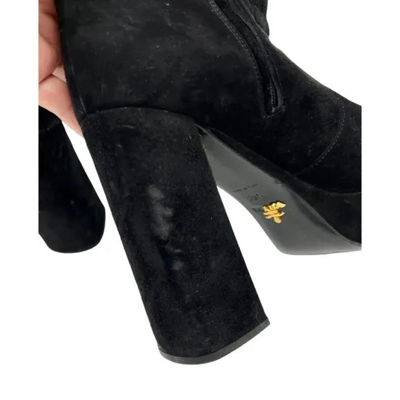 Prada Black Velvet Block Heel Platform Ankle Boots Size 8.5