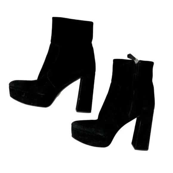 Prada Black Velvet Block Heel Platform Ankle Boots Size 8.5