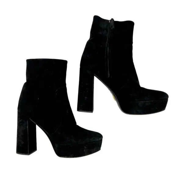 Prada Black Velvet Block Heel Platform Ankle Boots Size 8.5