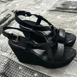 Prada Black Wedge Sandals with Glossy Leather Straps