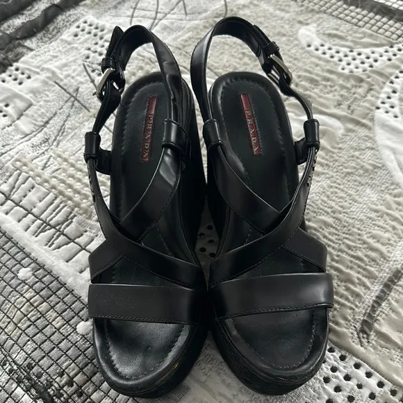 Prada Black Wedge Sandals with Glossy Leather Straps