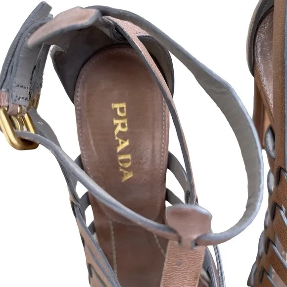 Prada Brown Leather Strappy Heeled Gladiator Sandals