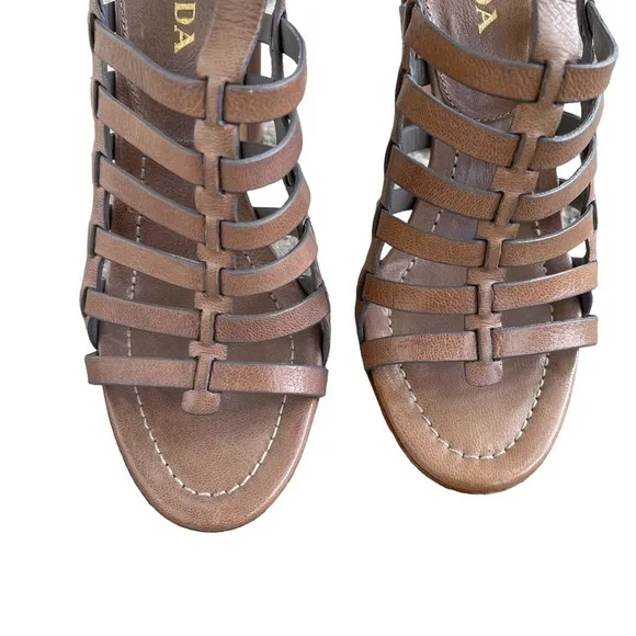 Prada Brown Leather Strappy Heeled Gladiator Sandals