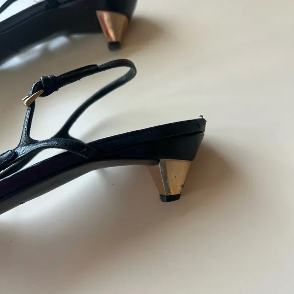Prada Leather Kitten Heel Sandals with Mini Gold Buckle Straps