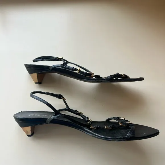 Prada Leather Kitten Heel Sandals with Mini Gold Buckle Straps