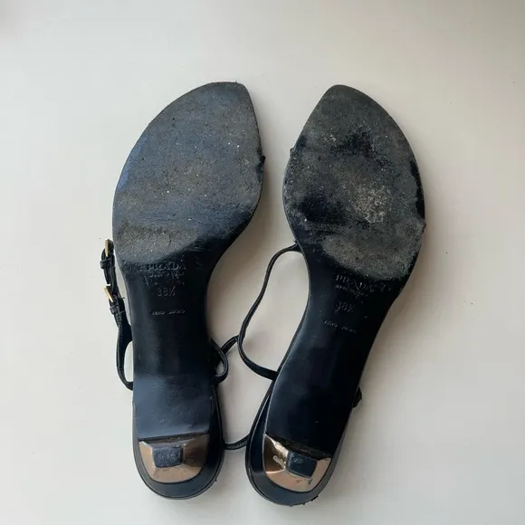 Prada Leather Kitten Heel Sandals with Mini Gold Buckle Straps
