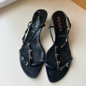 Prada Leather Kitten Heel Sandals with Mini Gold Buckle Straps
