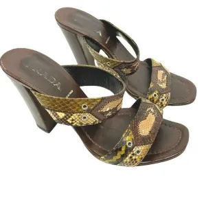 Prada Lizard Strap Open Toe Brown Shoes 4&quot; Heels