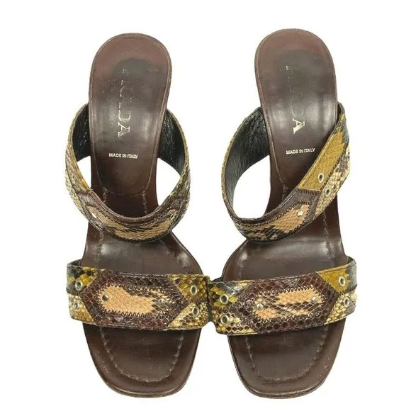 Prada Lizard Strap Open Toe Brown Shoes 4&quot; Heels