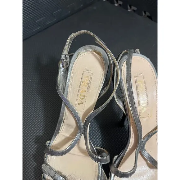 Prada Milano Silver Metallic High Heels Strappy Womens‎ Shoes Size 37.5 US 7.5