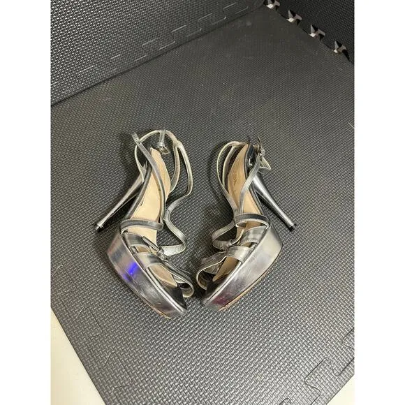 Prada Milano Silver Metallic High Heels Strappy Womens‎ Shoes Size 37.5 US 7.5
