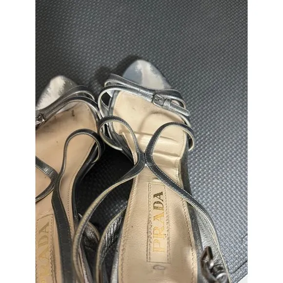 Prada Milano Silver Metallic High Heels Strappy Womens‎ Shoes Size 37.5 US 7.5