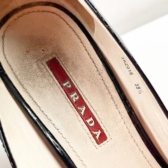 Prada Patent Leather Peep Open Toe Wedge Cork Heels Black 8.5