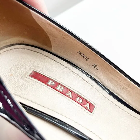 Prada Patent Leather Peep Open Toe Wedge Cork Heels Black 8.5
