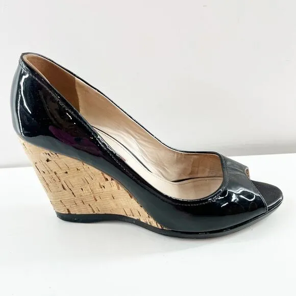 Prada Patent Leather Peep Open Toe Wedge Cork Heels Black 8.5