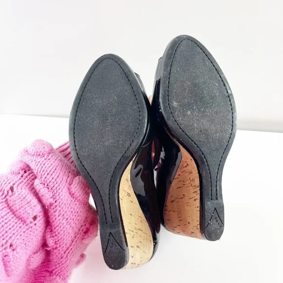 Prada Patent Leather Peep Open Toe Wedge Cork Heels Black 8.5