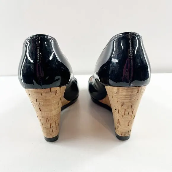 Prada Patent Leather Peep Open Toe Wedge Cork Heels Black 8.5