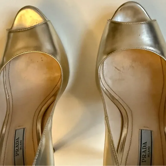 Prada Peep Toe Platform Metallic Gold Patent Leather Pumps Heels Sz 37 / 6.5