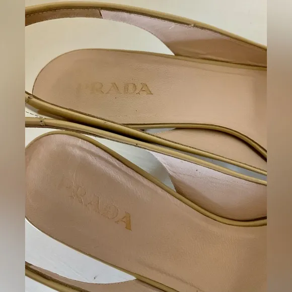 Prada pumps, size 39. Patent leather. Open toe and heel, light brown. for women.