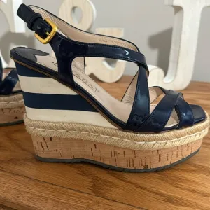 PRADA Royal Blue Patent Leather Wedge Sandal Shoes