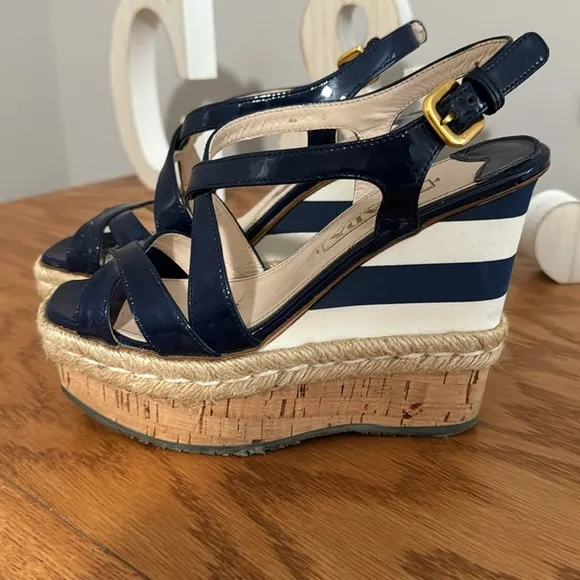 PRADA Royal Blue Patent Leather Wedge Sandal Shoes