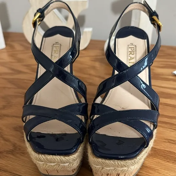 PRADA Royal Blue Patent Leather Wedge Sandal Shoes