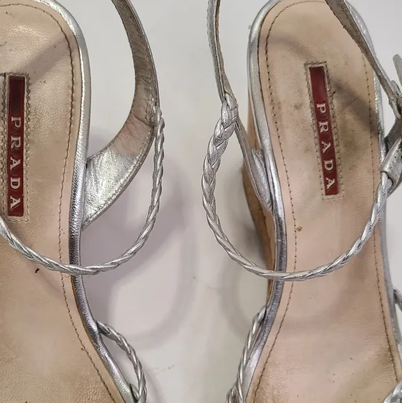 Prada silver leather strappy Wedge heel with Cork Heel peep toe size 38
