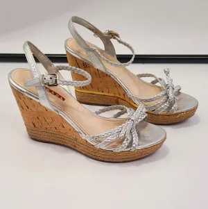 Prada silver leather strappy Wedge heel with Cork Heel peep toe size 38
