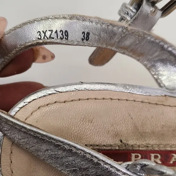 Prada silver leather strappy Wedge heel with Cork Heel peep toe size 38