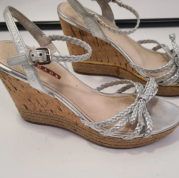 Prada silver leather strappy Wedge heel with Cork Heel peep toe size 38