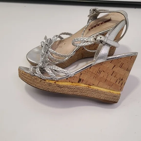 Prada silver leather strappy Wedge heel with Cork Heel peep toe size 38