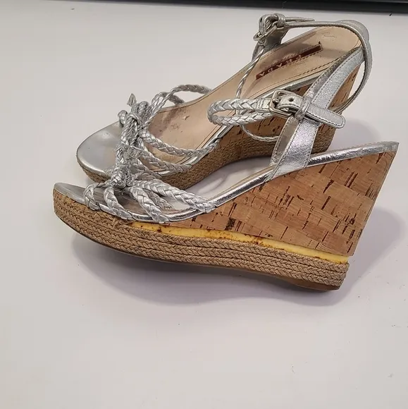 Prada silver leather strappy Wedge heel with Cork Heel peep toe size 38