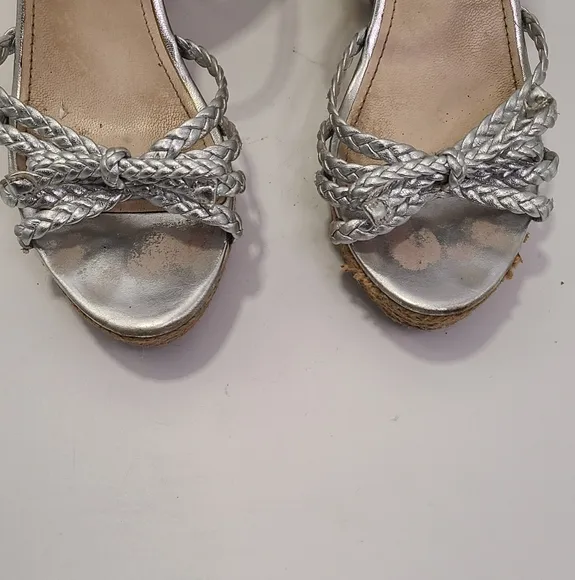 Prada silver leather strappy Wedge heel with Cork Heel peep toe size 38