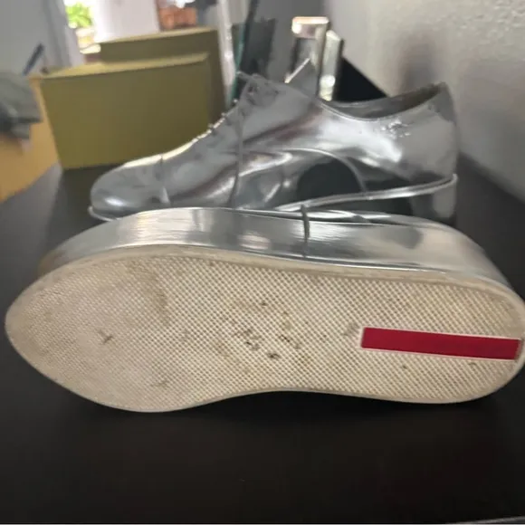 Prada Silver Platform Oxfords with Metallic Finish. Authentic