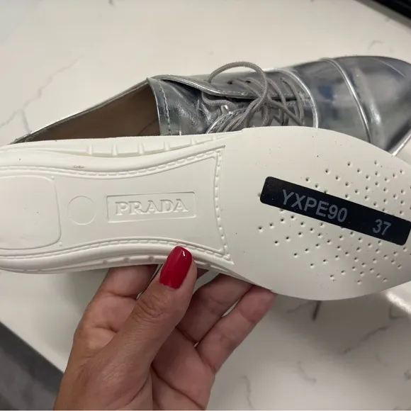 Prada Silver Platform Oxfords with Metallic Finish. Authentic