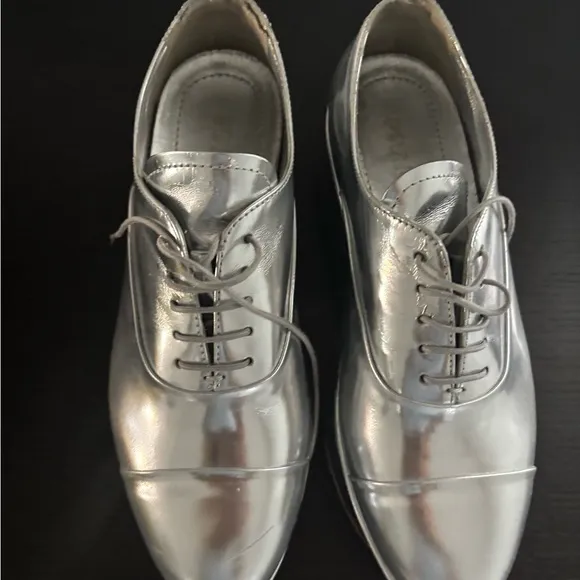 Prada Silver Platform Oxfords with Metallic Finish. Authentic