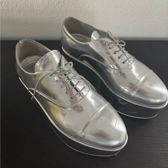 Prada Silver Platform Oxfords with Metallic Finish. Authentic
