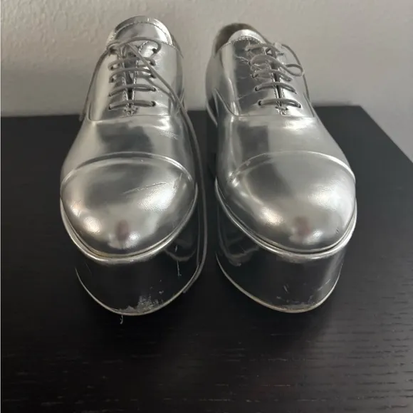 Prada Silver Platform Oxfords with Metallic Finish. Authentic
