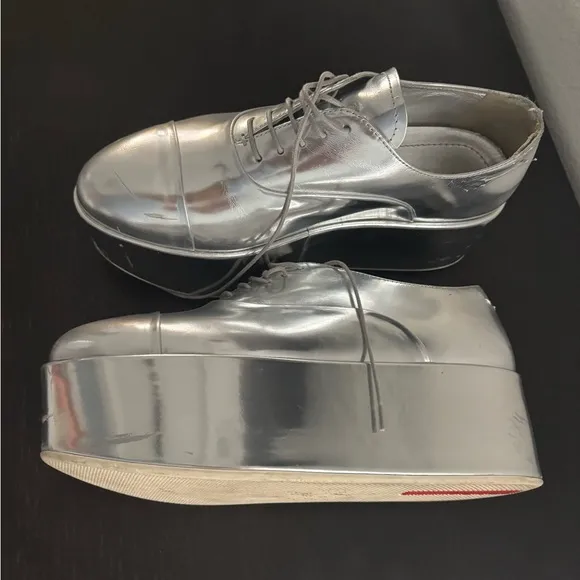 Prada Silver Platform Oxfords with Metallic Finish. Authentic