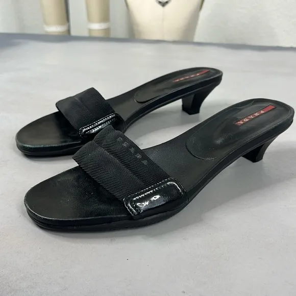 Prada Sport Y2K Grosgrain Kitten Heel Patent Leather Slide Sandals