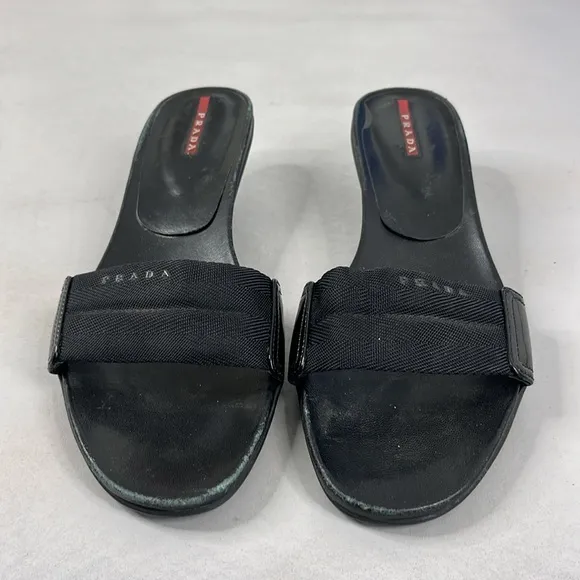 Prada Sport Y2K Grosgrain Kitten Heel Patent Leather Slide Sandals