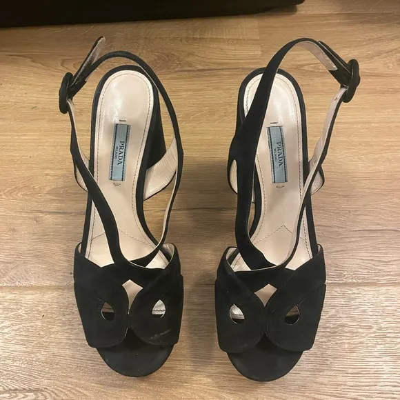 PRADA Suede Block Heel Platform Sandals Black Size 39