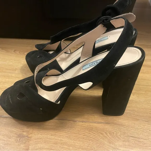 PRADA Suede Block Heel Platform Sandals Black Size 39