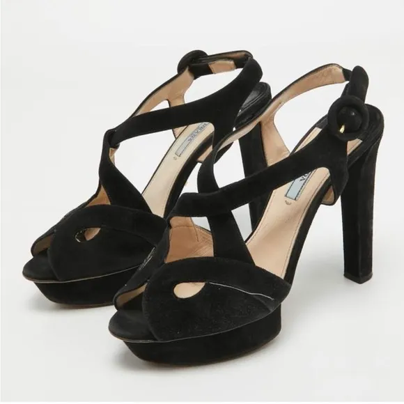 PRADA Suede Block Heel Platform Sandals Black Size 39