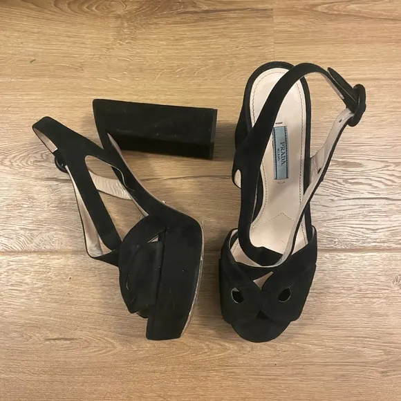 PRADA Suede Block Heel Platform Sandals Black Size 39